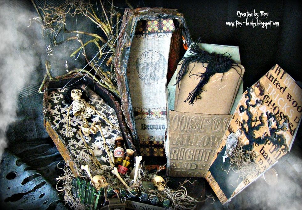 Last but not least, hook your lantern on the top of the fence as well as add your "Bone Collector" word band. Smudge Black Tuxedo on top to fill in the letters and wipe the top clean.