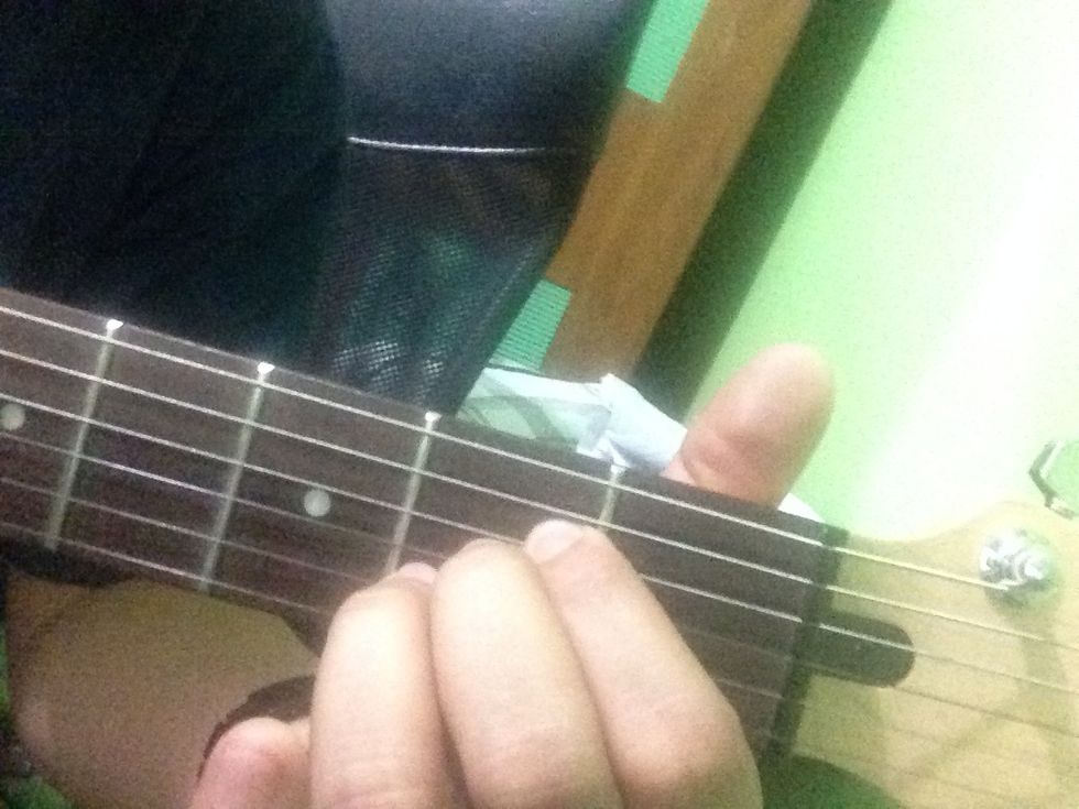 Last finger is on the second string. This one is closest to the second vertical fret. Try to make your finger vertical from the fretboard. Use the tip of finger, its stronger.