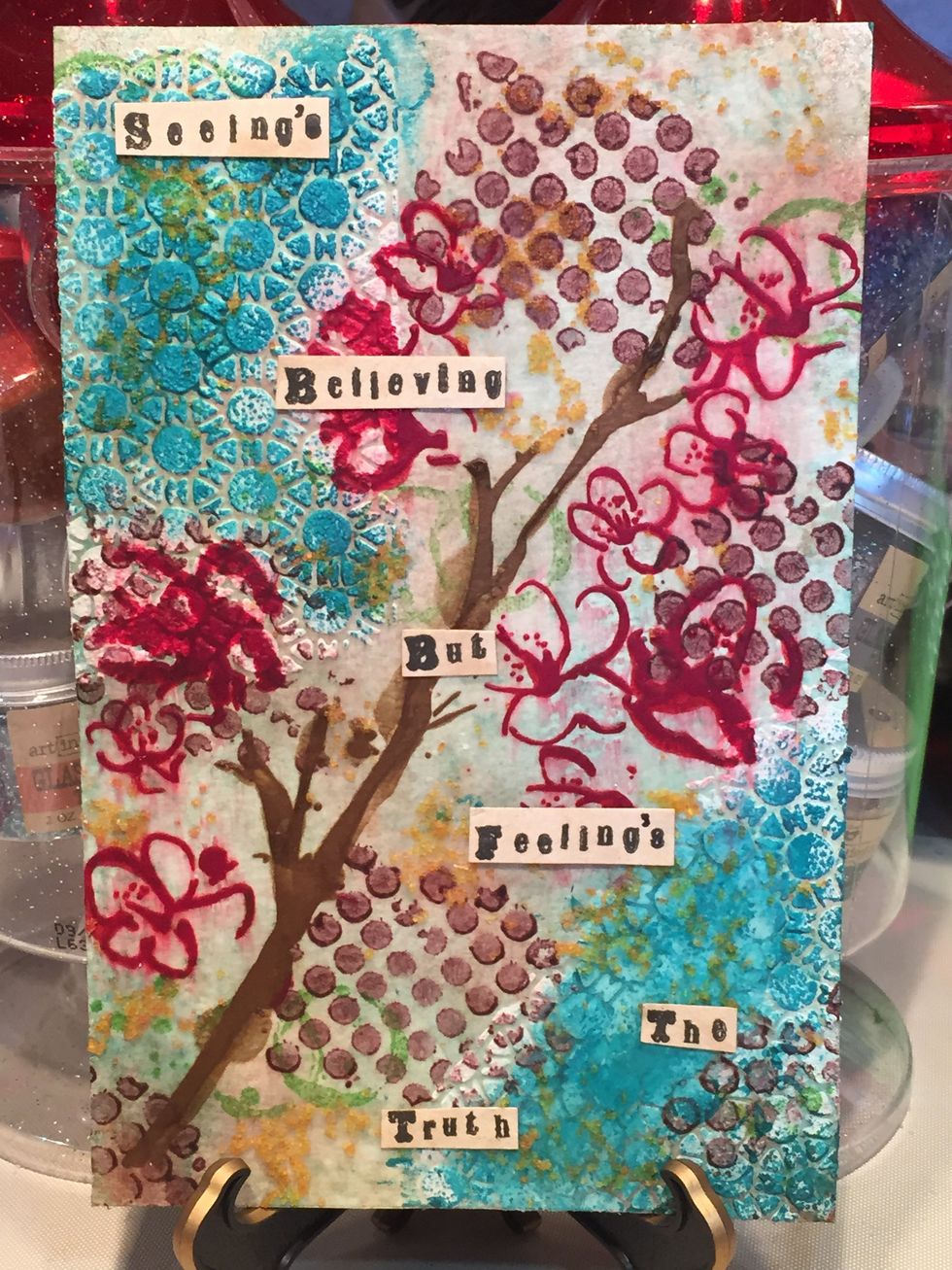 Last, I sprayed some cardstock with Sandcastle, stamped my sentiment with alpha stamps, and then cut out.