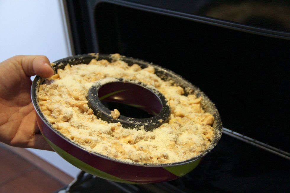 Last layer must be of parmesan cheese...put in pre heated oven at 220 degrees celcius for 20 min...