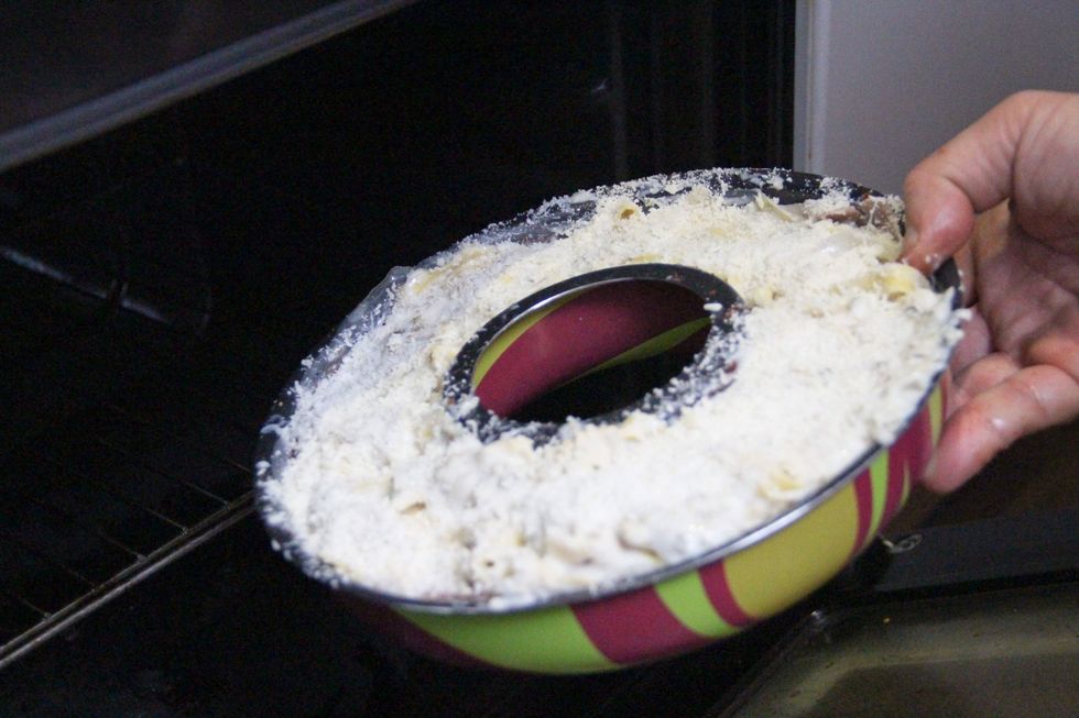 Last layer of parmesan cheese for a nice brown crispy crust. Put in preheated oven at 200 degrees celsius