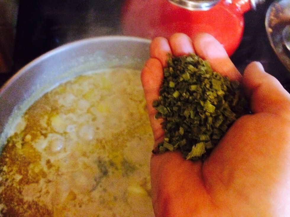 Lastly, add a green. I like fresh kale, greens, cabbage or spinach. But all I have on hand is dried chopped chives. (Green onion). Add the green.