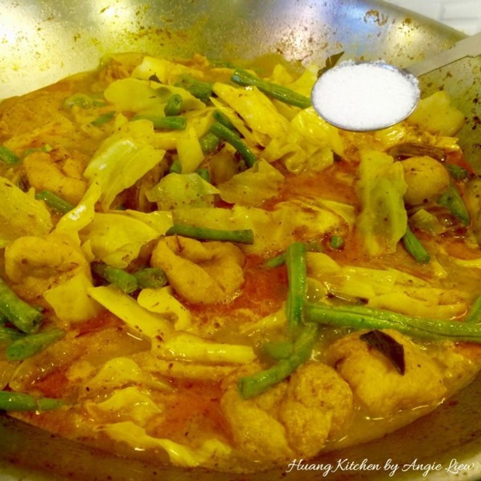 Lastly add in all seasonings, to taste. Add in sugar.