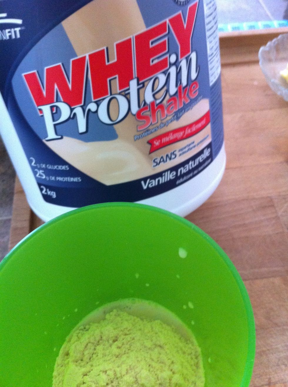 Lastly, add the protein powder. There are tons of different brands, types of protein and flavours available. Add 1 scoop. ( one serving )