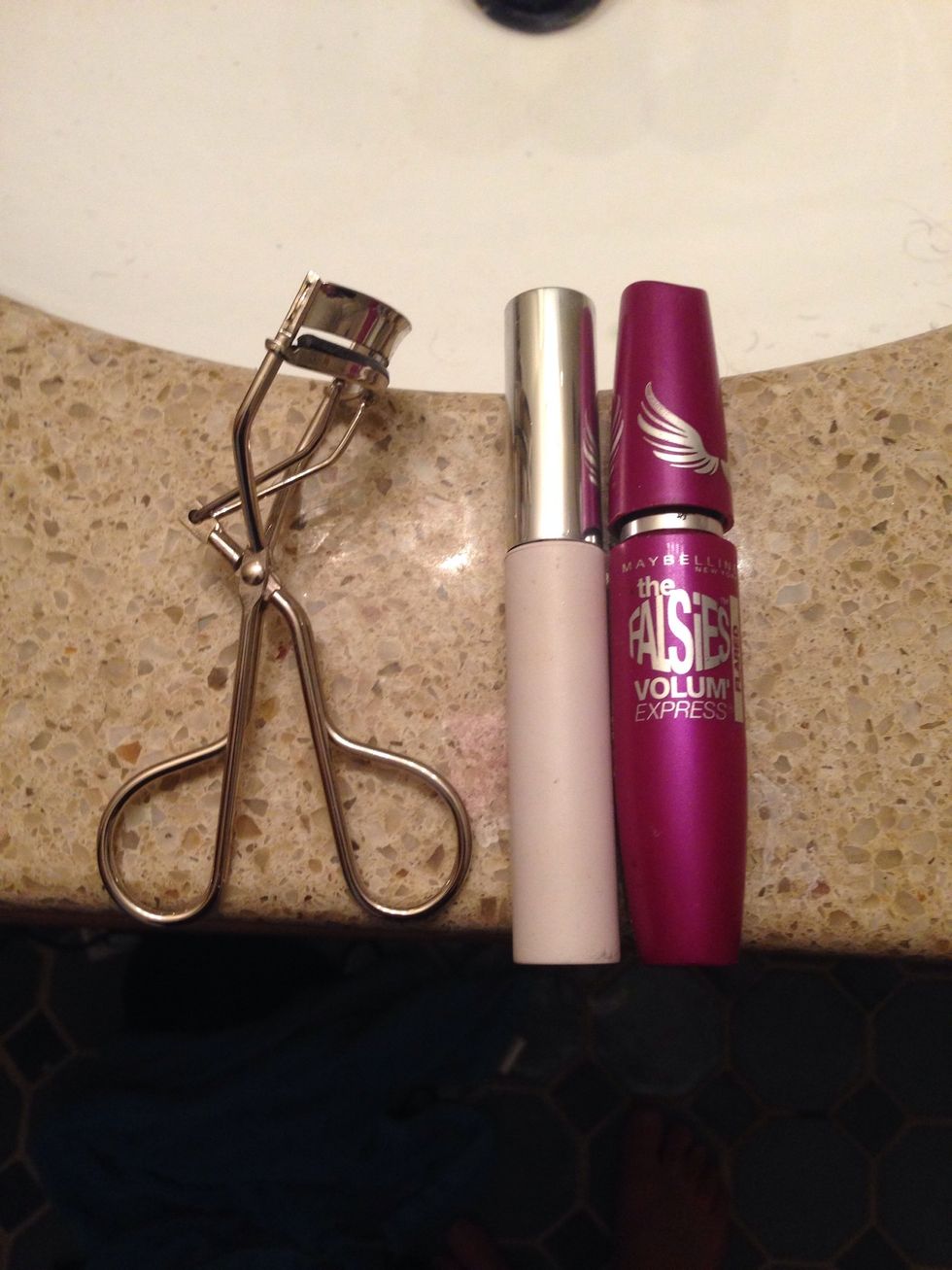 Lastly, curl your eyelashes for 30seconds each eye. Then apply your mascara. I use elf water proof first, it sets them nicely, the for a more bold look I top it off with falsies volume express!