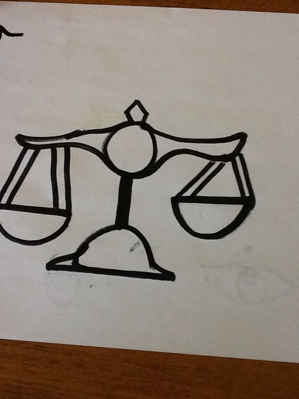 Lastly, draw the chains for the balance scales or bowls like so. They should be attached to the arm, and then the bowls.