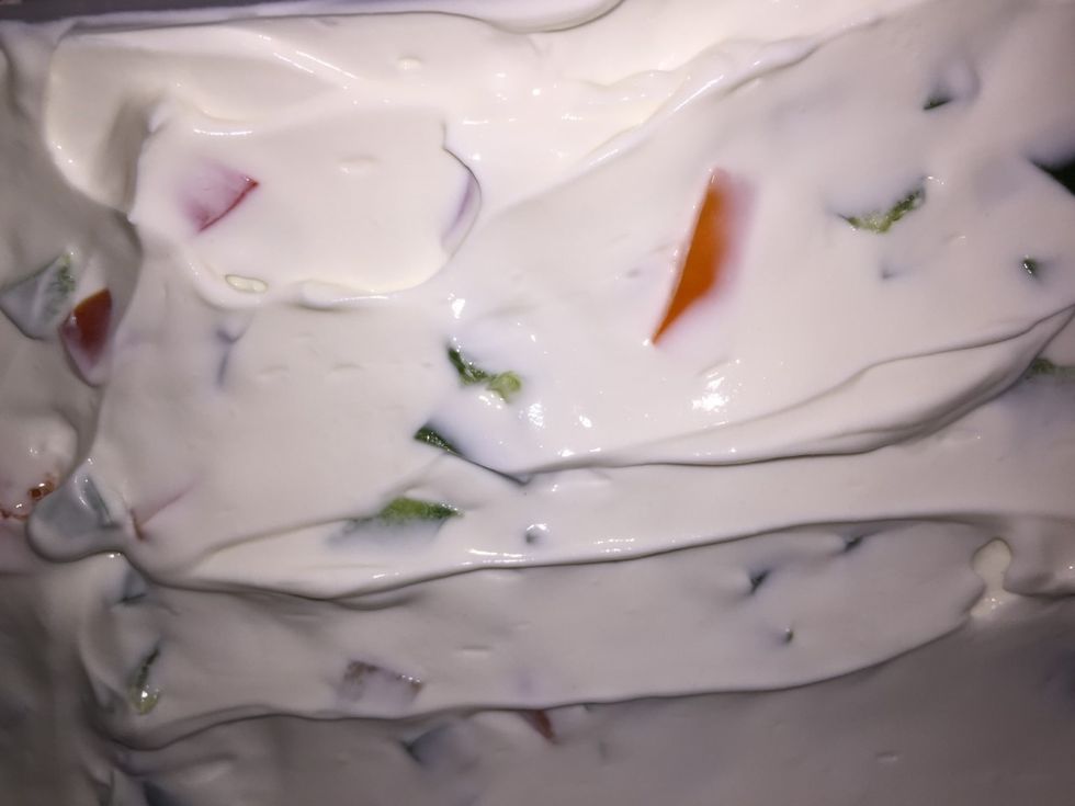 Lastly place a thin layer of sour cream. Sour cream contains fat (Fat is stored energy).