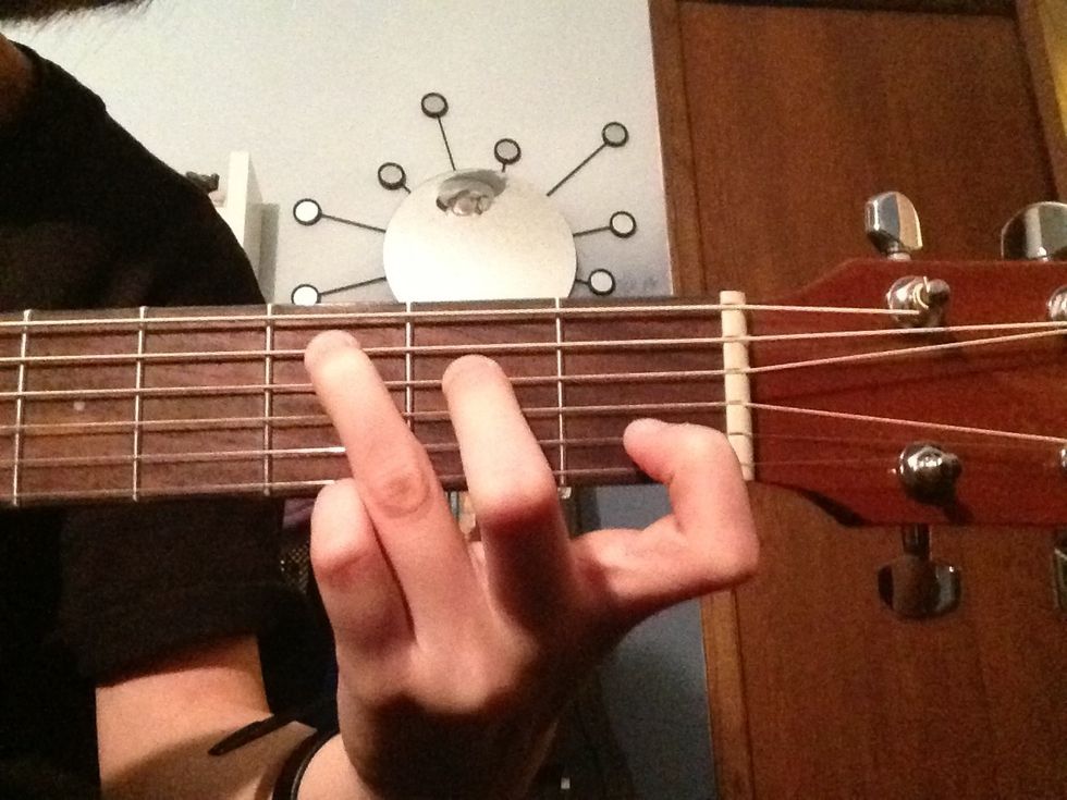 Lastly, you place your pointer finger on the first fret of the B string. Make sure when you strum, you don't strum E.