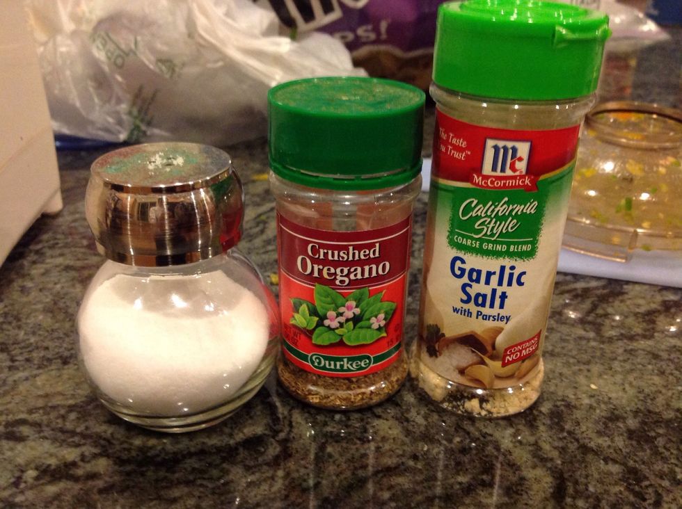 Lastly you will add a dash of salt, a dash of oregano, and a dash of garlic salt.
