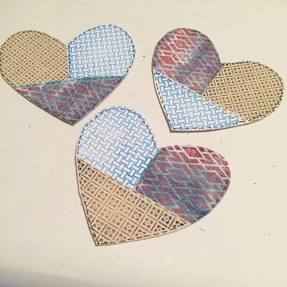 lather, rinse, repeat - swapping designs, fabrics, stamps and inks so that each heart is different if you like.