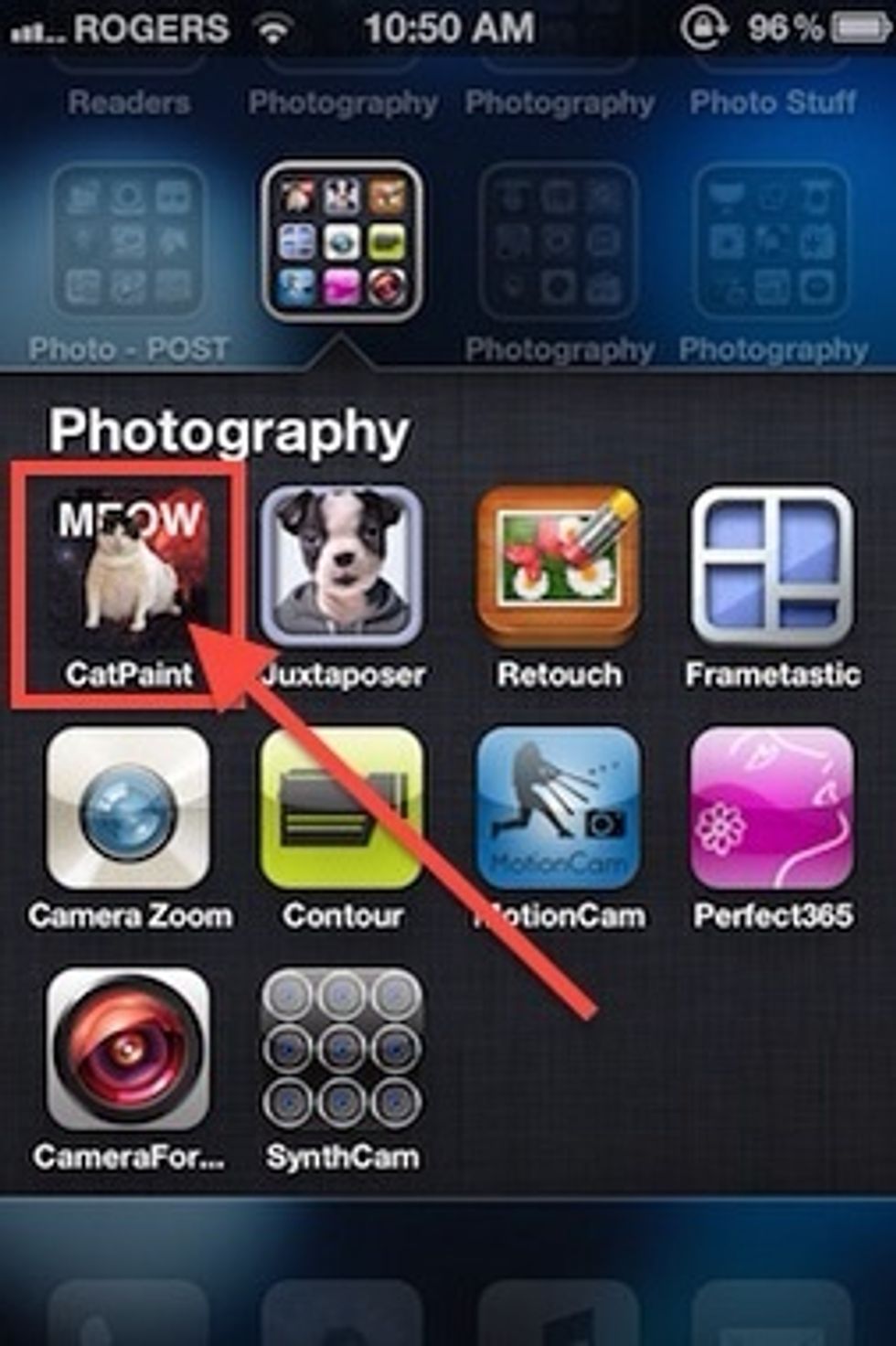 Launch CatPaint  Once you have downloaded the app, tap on the icon to open the program. In this screenshot CatPaint is the top left icon.