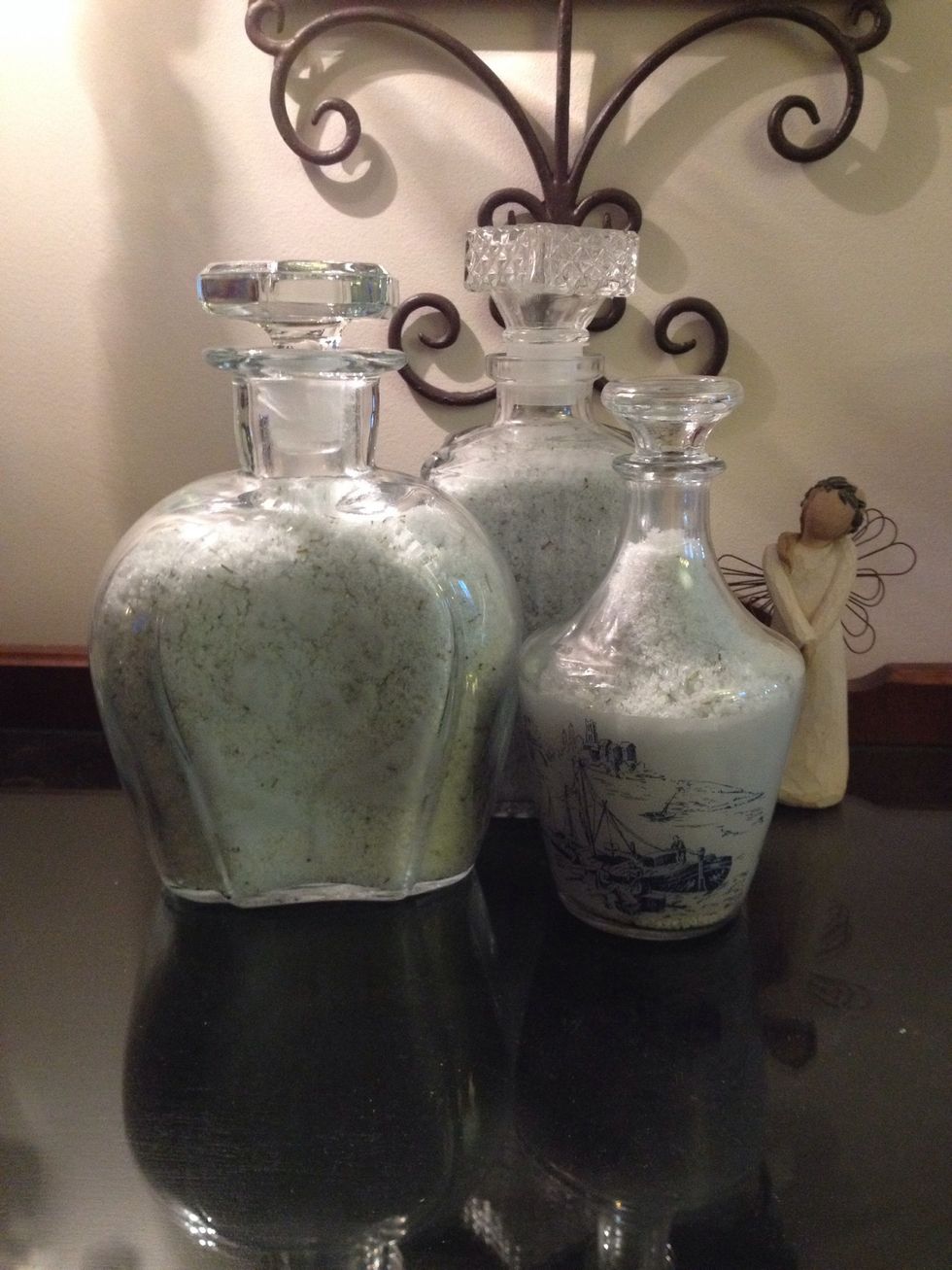 Lavender rosemary bath salts also makes a great gift. I like shopping for old decanters, clean them up with pure Alcohol to remove any stains or white residue on the glass, and fill with salts.