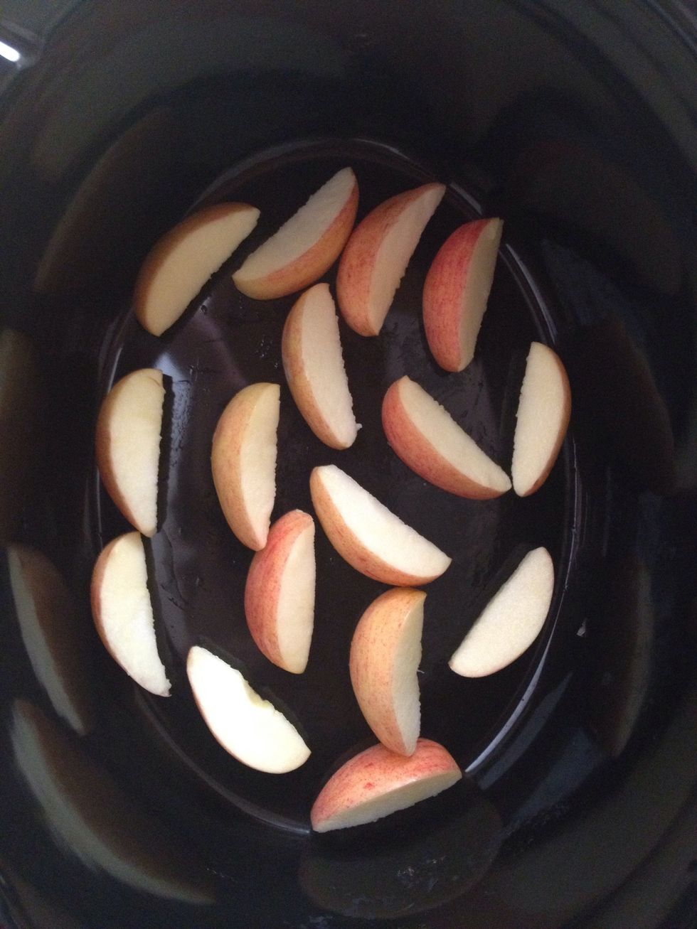 Lay 2 of the apples now sliced in the bottom of the crockpot