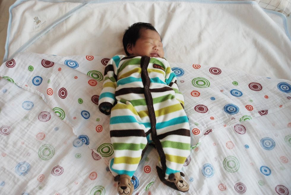 Lay blanket in a diamond shape. Fold top corner down. Place baby on top.