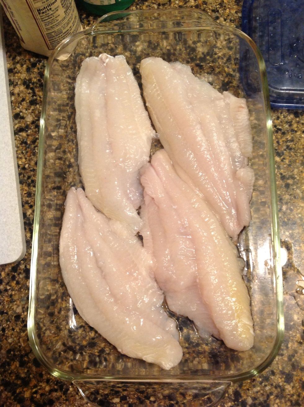 Lay catfish filets in baking dish...individual servings can be frozen and cooked later.