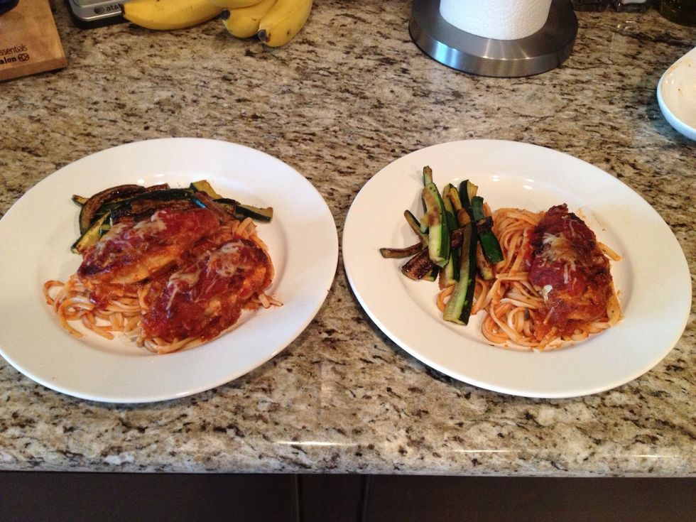 Lay down pasta and top with the chicken and place the zucchini on the side and enjoy!!!