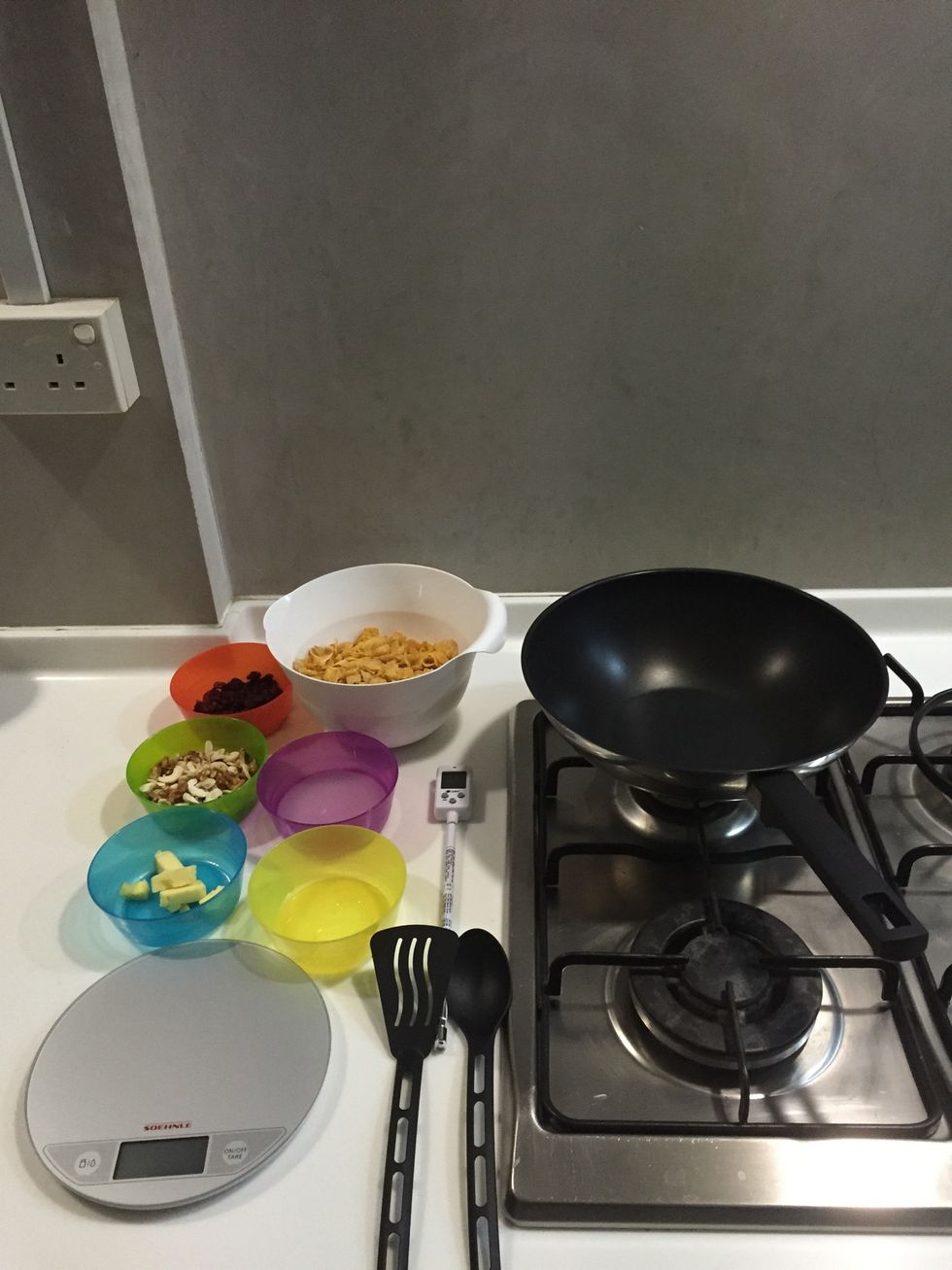 Lay everything out in order. Read thru the instructions before starting to cook. Here i put the maple syrup in the same bowl as my butter. Water salt and sugar are all in 1 bowl as well.