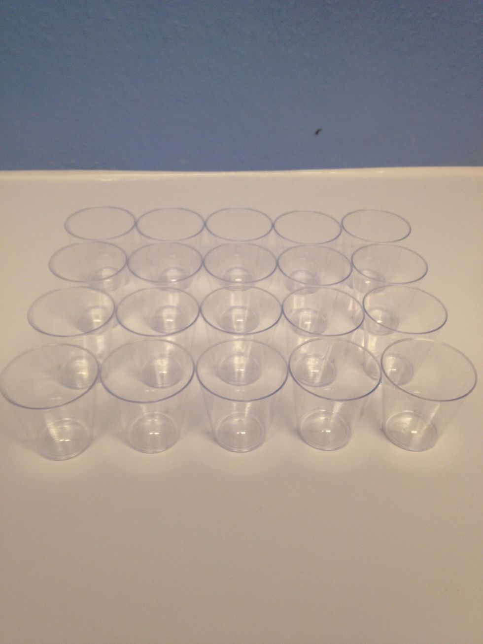 Lay out 20 plastic shot glasses