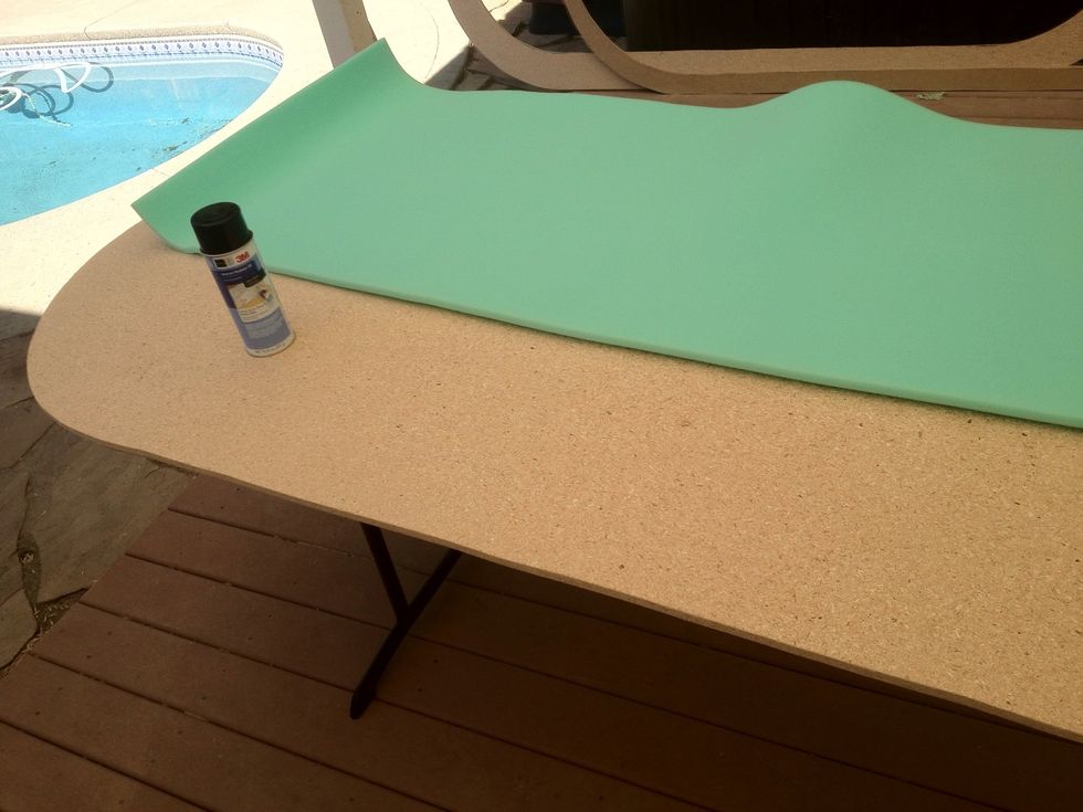 Lay out the tabletop cutout and spray it with adhesive. Lay the 1/2" foam down with the seam in the middle and make sure it is stuck down well.