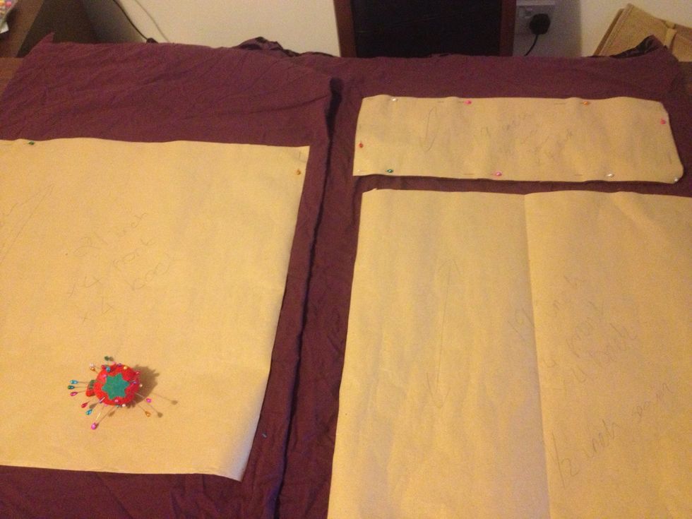 Lay out your pattern pieces. For each cushion you need 2 of the squares and 1 of the smaller rectangles. Pin in place and cut out.