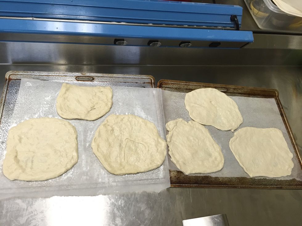 Lay parchment paper down on two cookie sheets, and grease them. After the 30 minutes, punch the dough out into 6 parts, customize the size as you please.