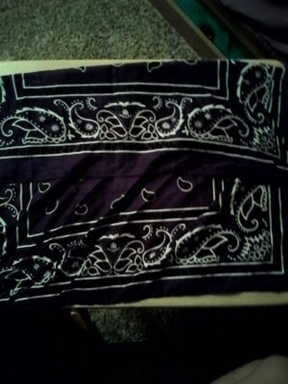 Lay the bandana flat then fold one side in half