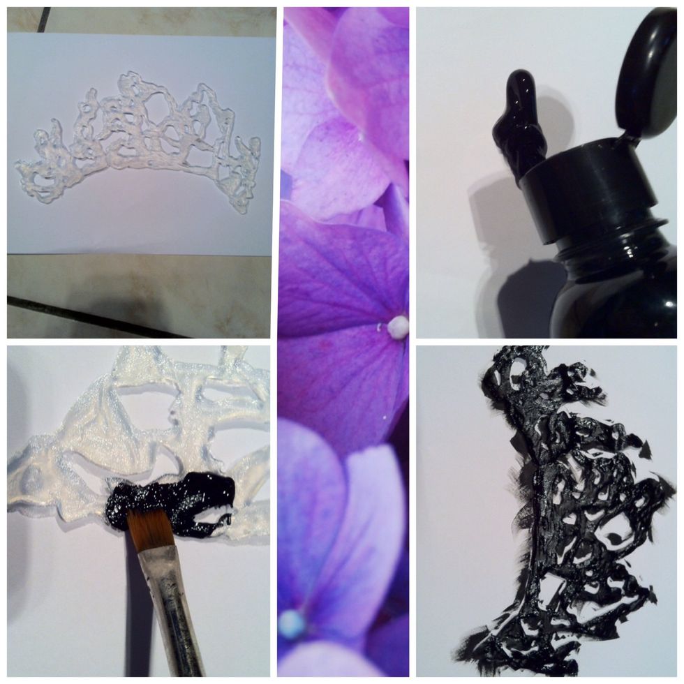 Lay the glue-crown on a sheet of paper and paint one side black