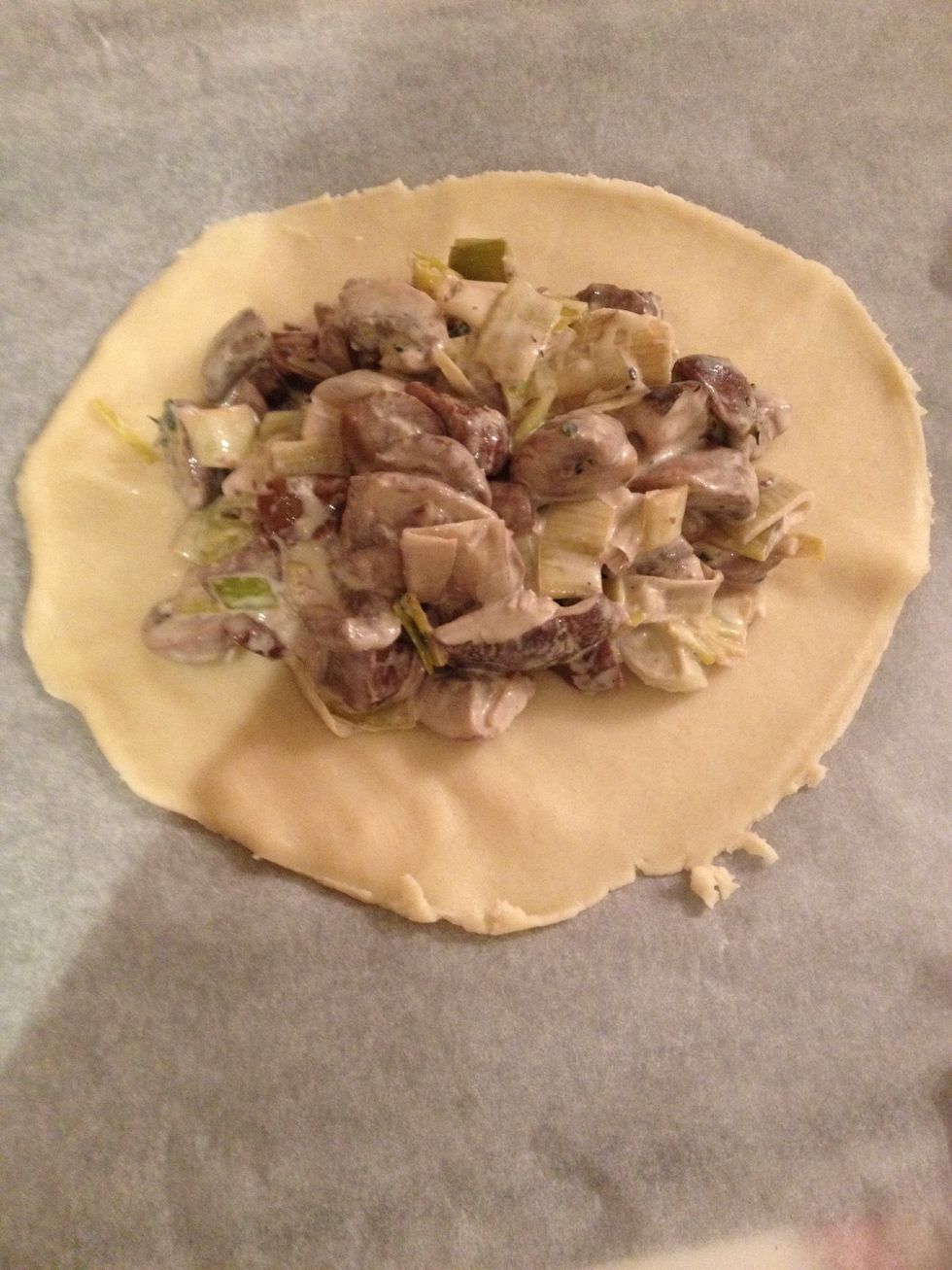 Lay the large pastry discs on a lined baking sheet and divide the cooled mixture between them, spreading to an even layer but leaving a border round the edge of each