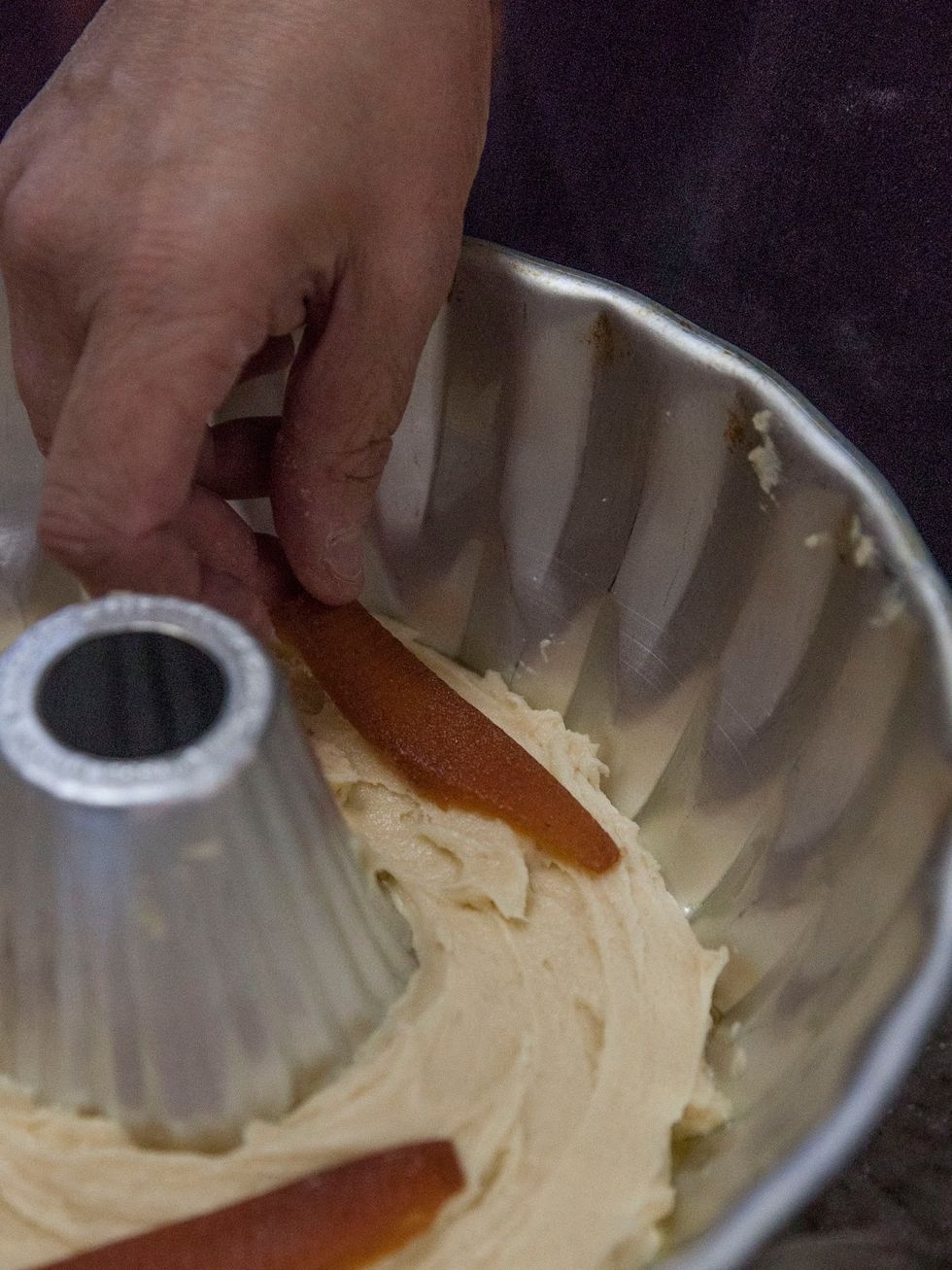Lay the strips of guava paste on top of the batter.