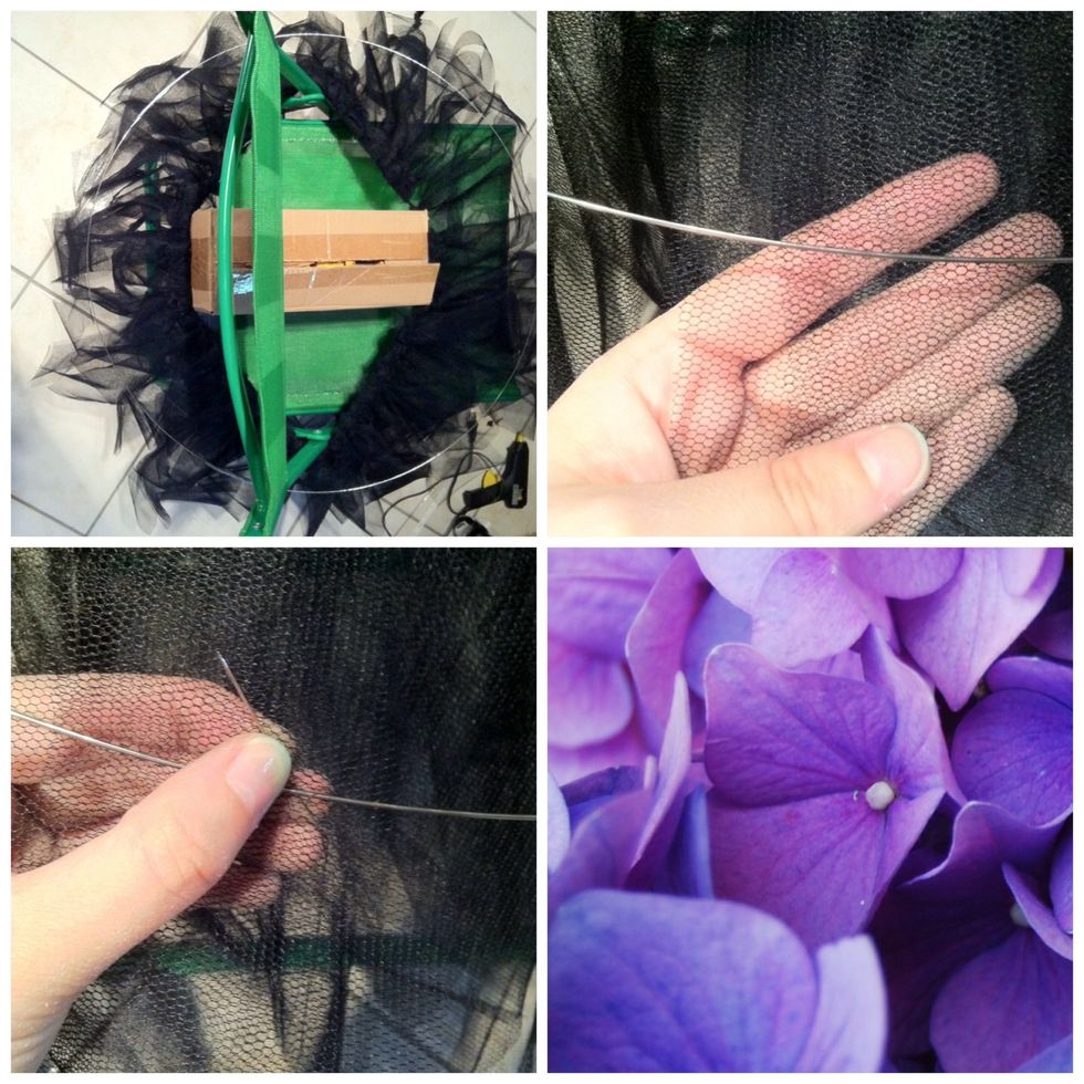 Lay the wire circle on top of your tutu and sew it onto the short strips. Make sure not to sew through the longer ones!