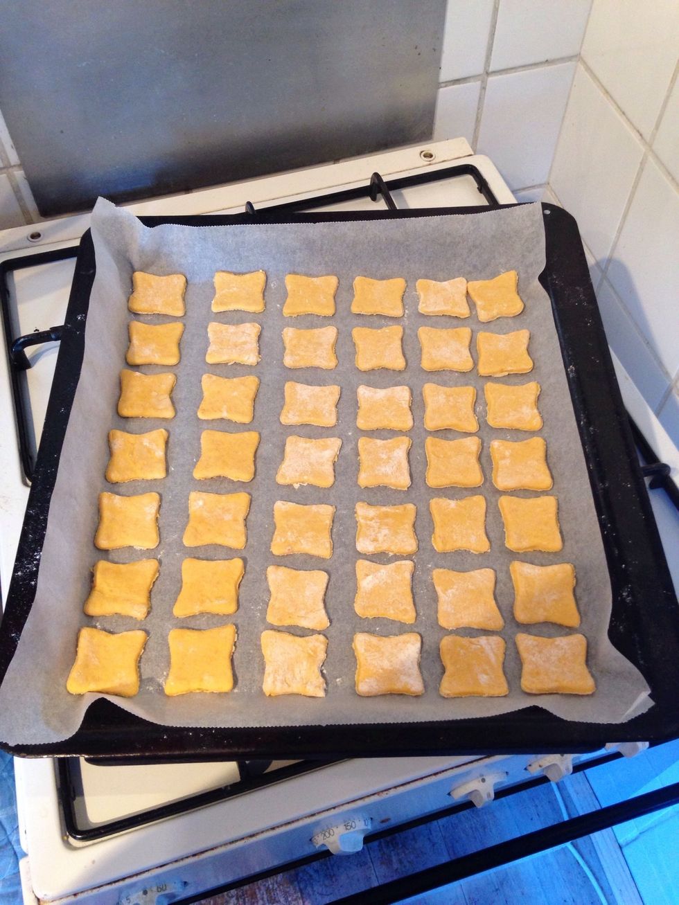 Lay your treats on a baking tray with baking paper. Bake for about 20-25 minutes. If you made them thicker, bake a little longer. Just don't let them turn black :-)