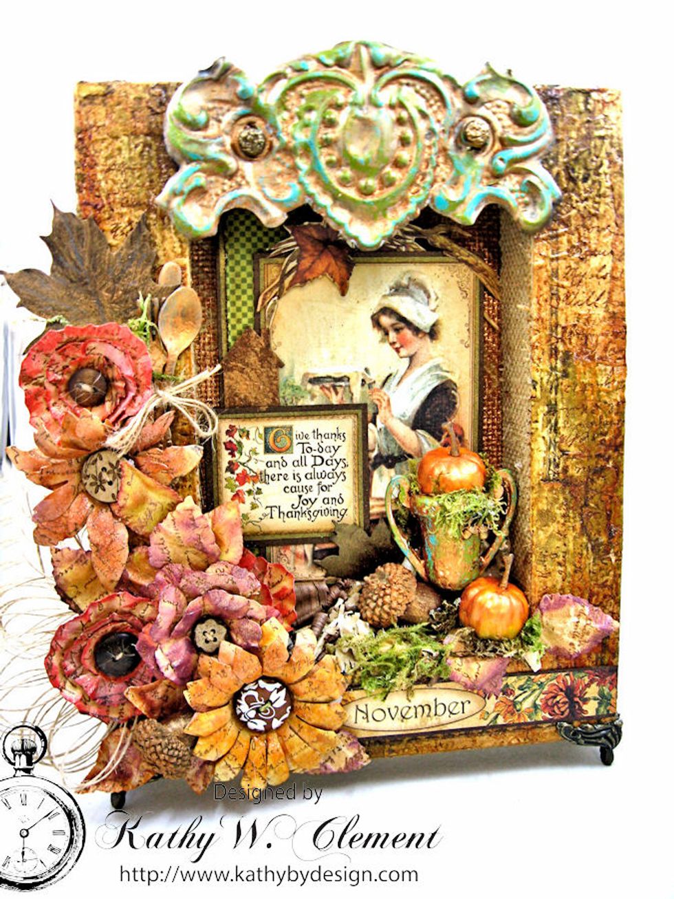 Layer elements from Place in Time onto shadowbox frame back piece. Insert in frame. Add wood shavings and Spanish Moss to the interior as seen here.