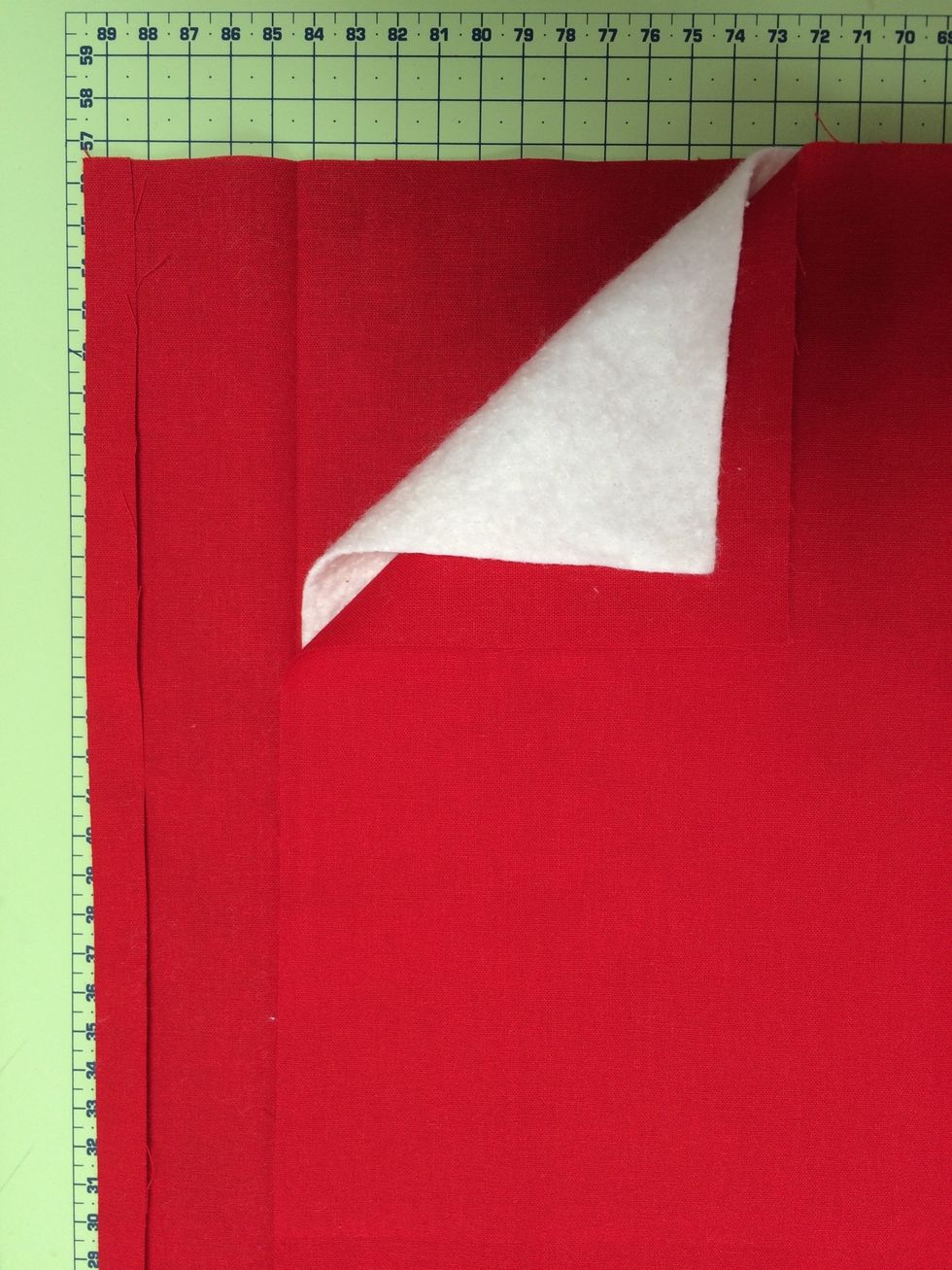 Layer fabrics , Front ( 41 inch ) Batting and Back ( 36 inch )as shown . Tack or spray ( I used 505 ) layers together.