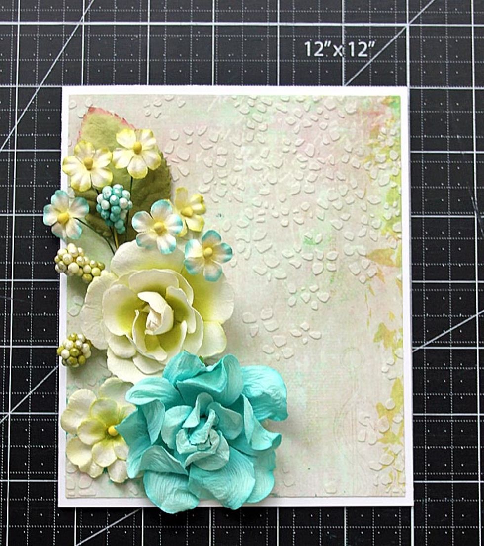 Layer flowers from the 583354 \u2013 Royal Menagerie Diana Flowers pack on the left side of the card.