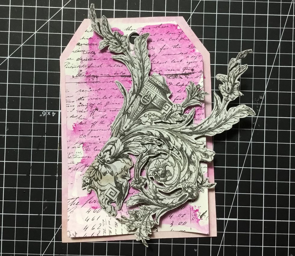 Layer next fussy cut piece as shown. To create extra dimension, I have used 3D foams dots to attach.