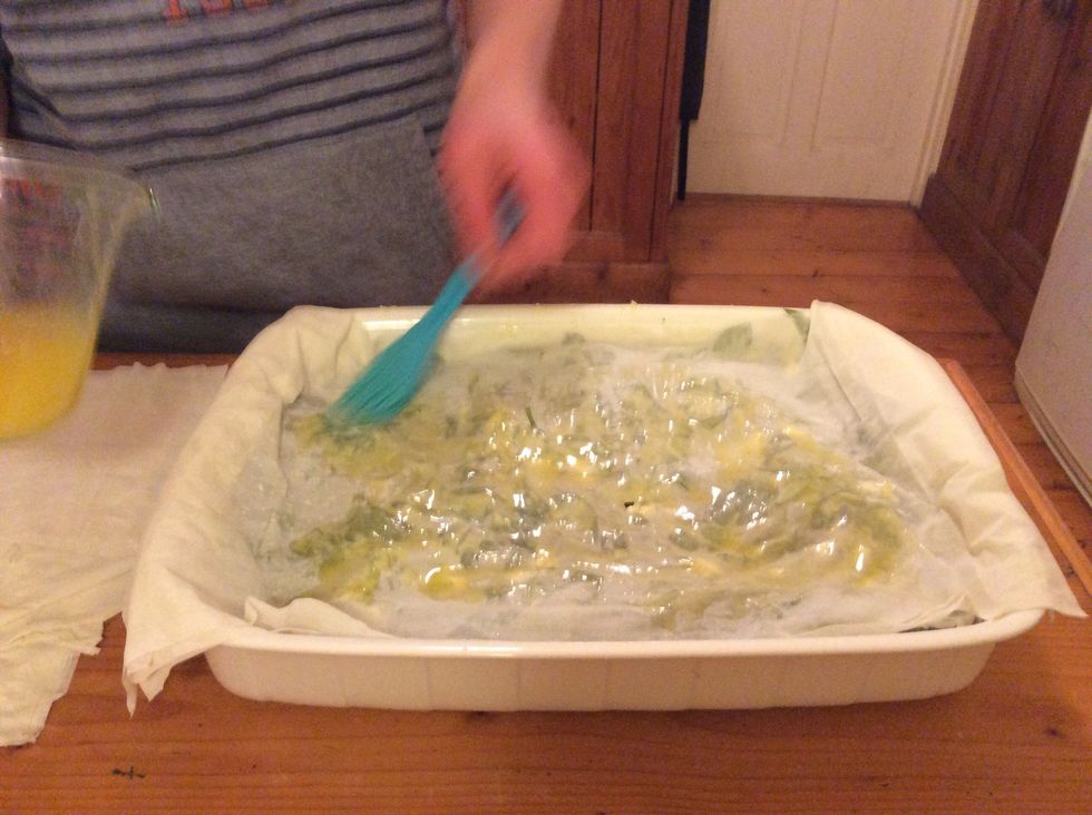 Layer the eight remaining sheets of filo pastry onto the mixture, buttering or oiling each sheet of pastry in between. This time put a lot of melted butter on top to get a crunchy golden finish.