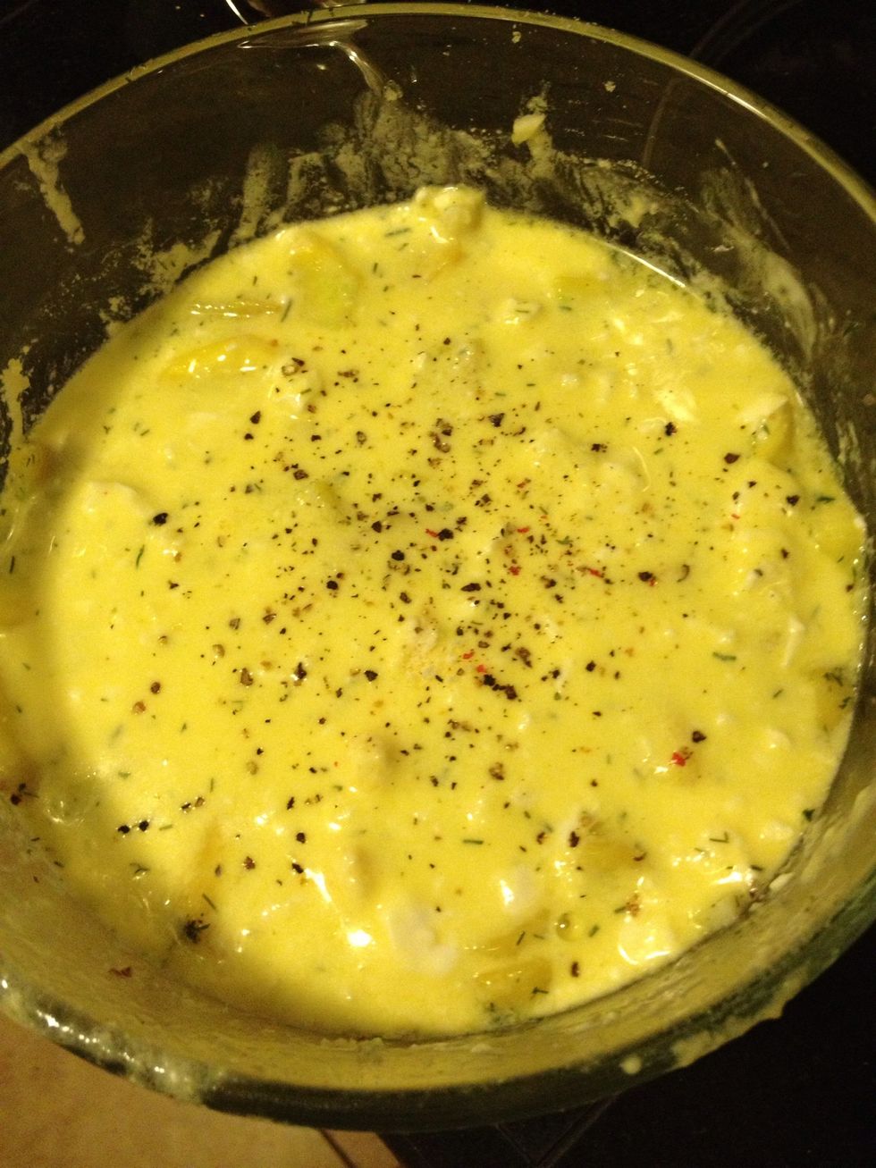 Layer the rest of squash and mixture over the top. Season the top with pepper. Bake at 375F for about 40 minutes, or until the mixture is bubbling, Slightly set looking, and lightly browned on top.
