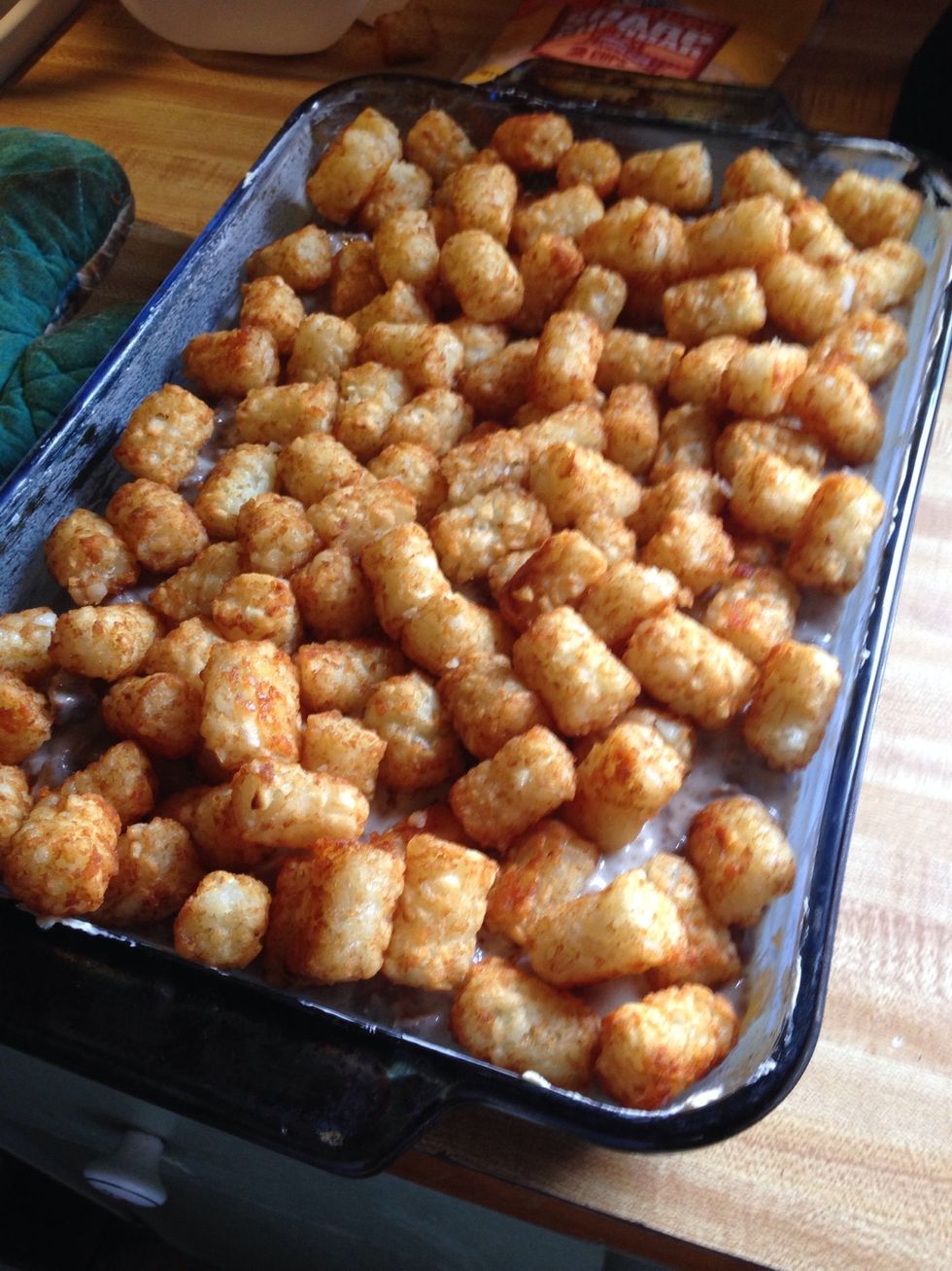 Layer the tots evenly on top of the mixture... Sometime I make enough tots for 2 layers because the kids love the tots....;-) Return to oven for about 10 minutes to heat the mixture through....