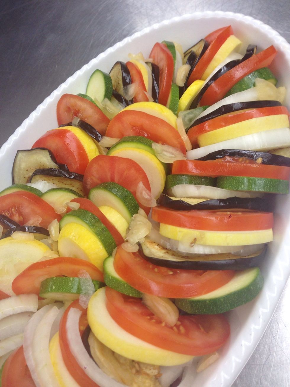 Layer your baking dish with the veggies like this.