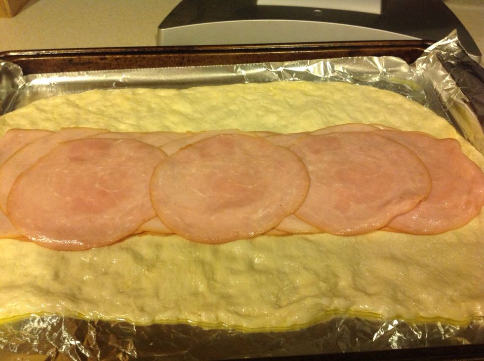 Layer your choices of meat over dough.