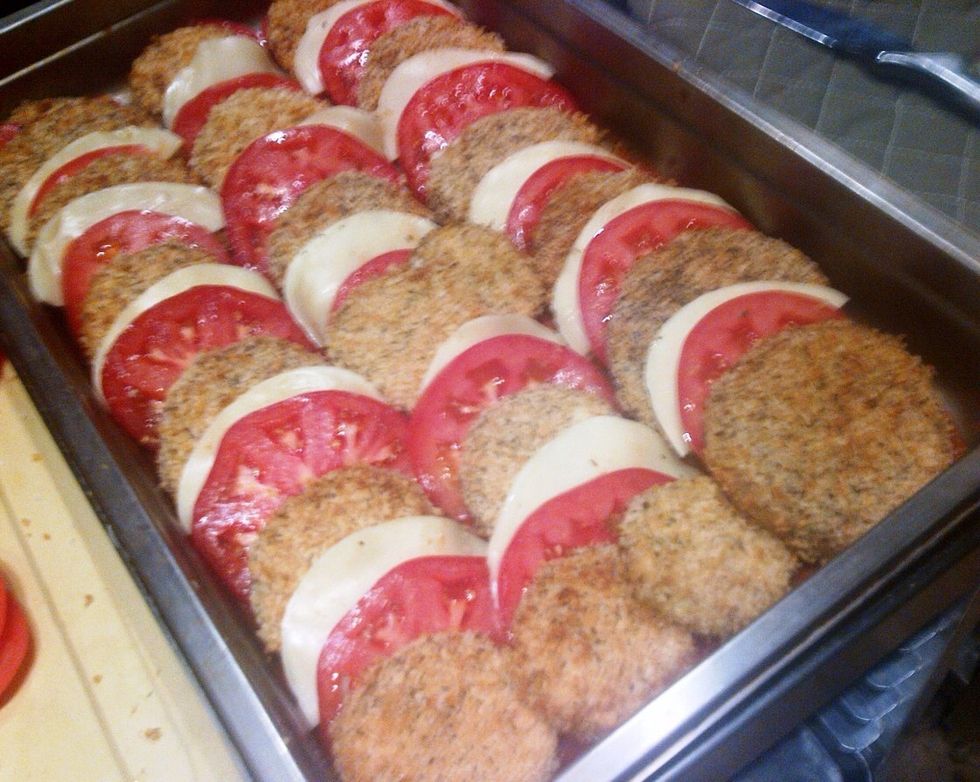 Layer your eggplant, tomato and cheese evenly.