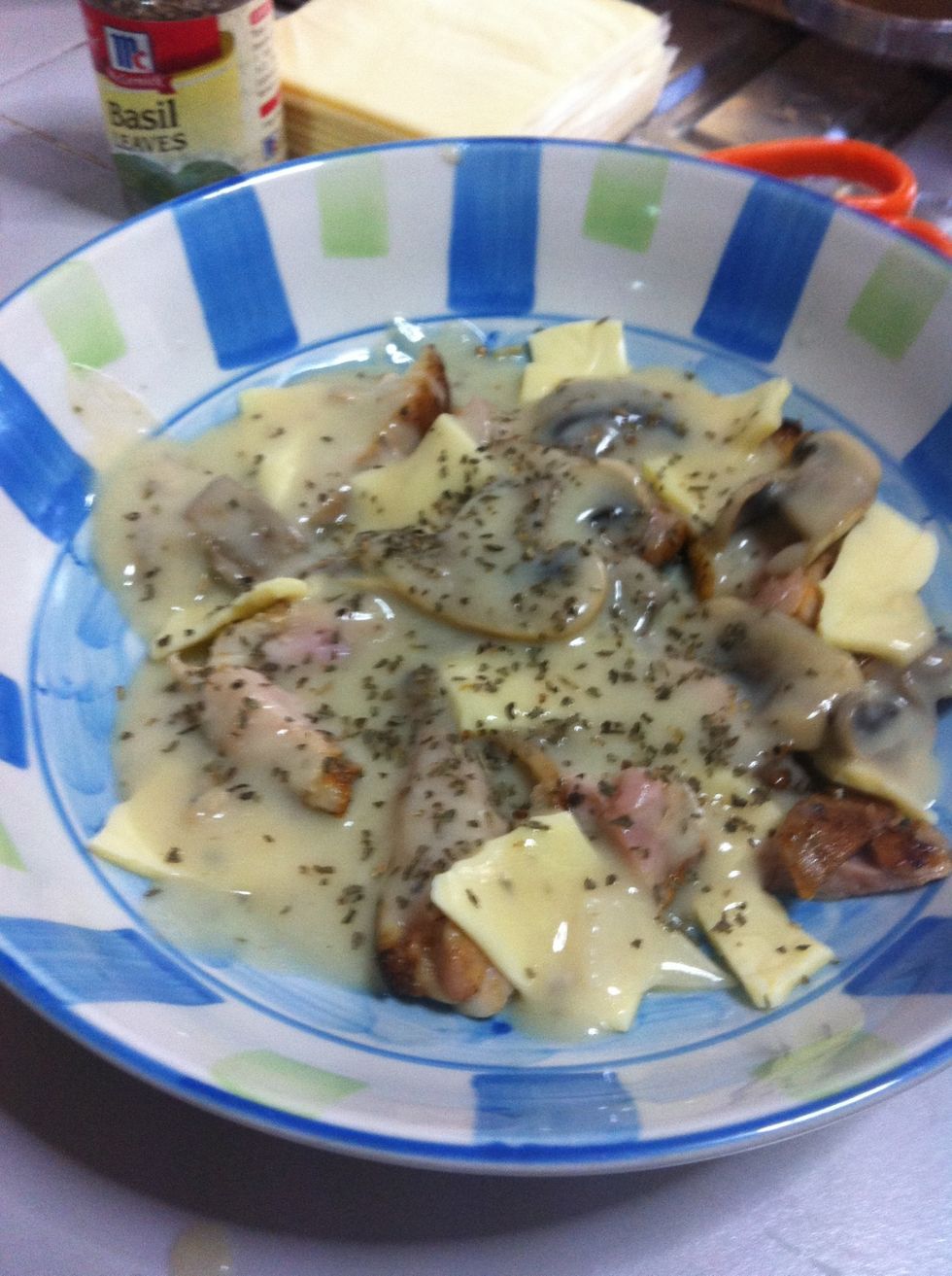 Layering- first layer sauce, cheese and chicken