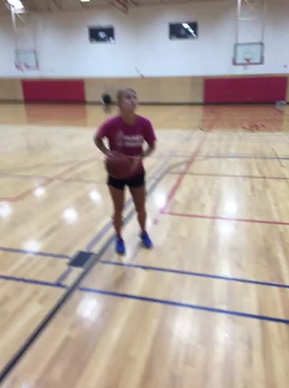 Layup Head up. Ball in outside hand. Bring ball close to Chin. Extend arm. Reach high. Release ball at peak of reach. Stop on left foot. Right hop.