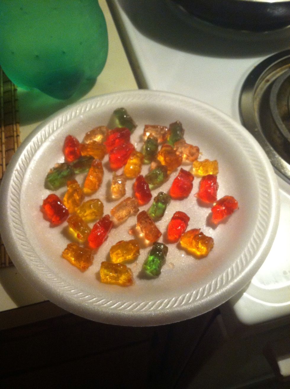 Leave in the jar for two-five days and they turn out like this! (I took mine out & put them in the freezer for a few mins to get rid of the gooiness.)