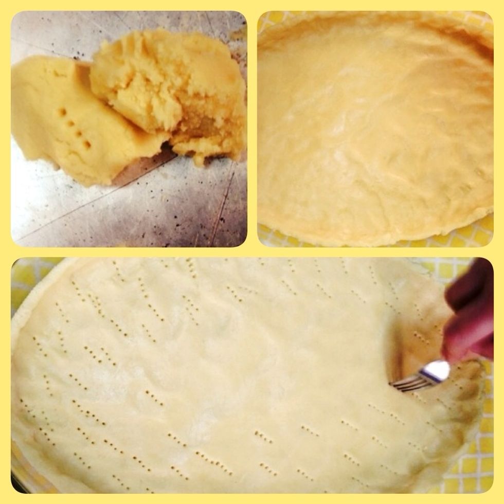 Leave some dough, Distribute the dough and then make holes with fork. Until the dough does not swell.