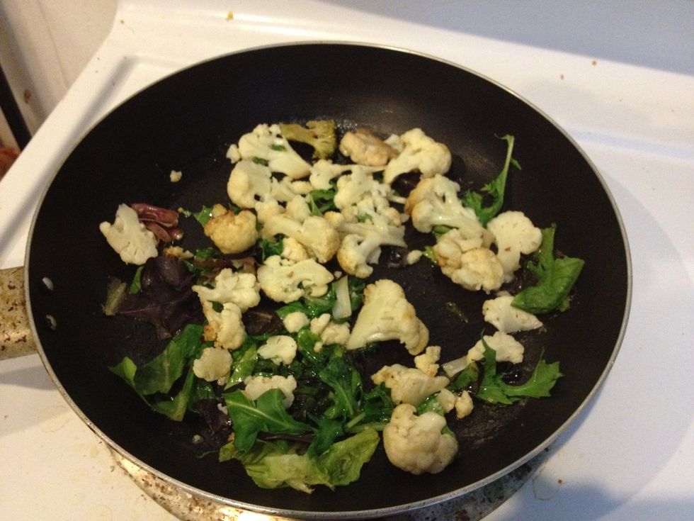 Leave the pan on high heat for 2-3 mins turn down the heat to medium high. Toss in the butter and add the spring-mix and veggies to the pan. Sautee for 1min. Pour beaten eggs evenly over the veggies