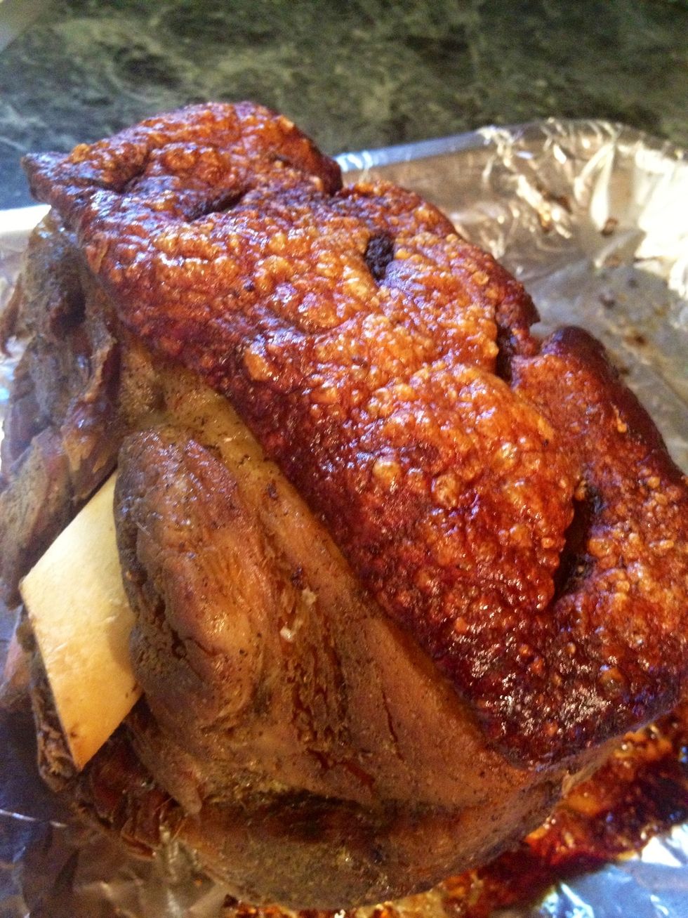 Leave the pork shoulder in there for about 35-40 minutes. When done take a step back and pat yourself in the back, you have now made a spanish pernil, dianas way. oh yeah,Will you look at that crust?