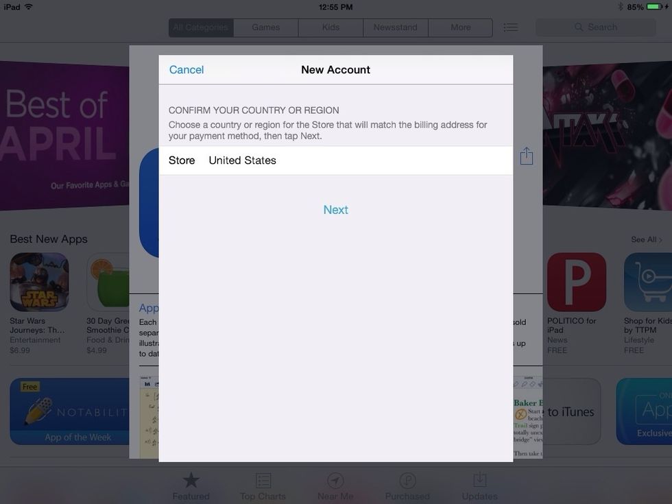Leaving "United States" selected, tap "Next".