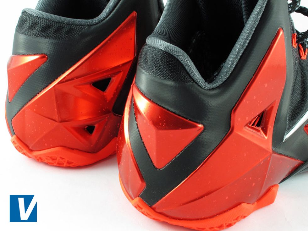 LeBron 11's have a Hyperposite construction, a combination of Foamposite, performance synthetics and mesh. Pay special attention to the sharp angular lines in the Foamposite panels.