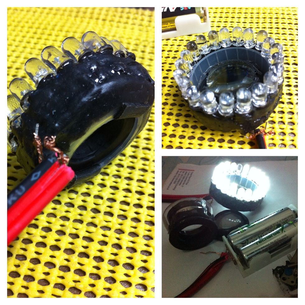 LED in a circular shape, strengthen the outside using plastic steel glue, then add cable to connect to battre power
